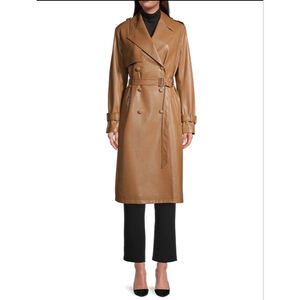 Elie Tahari Vegan Leather Trench Coat Desert Brown Double Breasted Belted NWT M